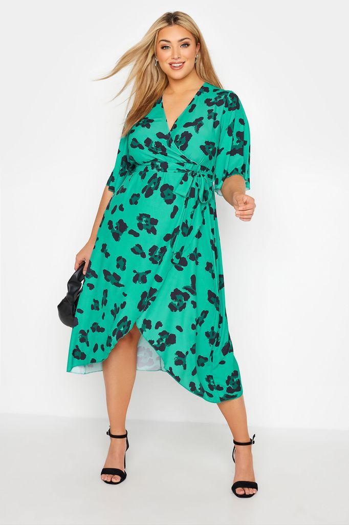 Curve Bright Green Leopard Print Midi Wrap Dress, Women's Curve & Plus Size, Yours London