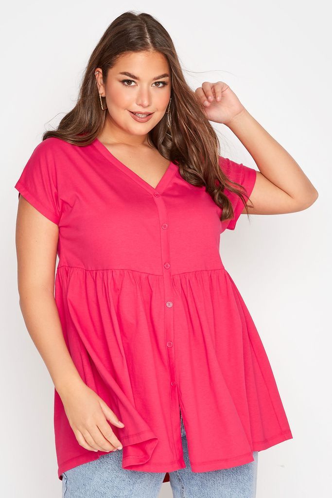 Curve Bright Pink Button Through Smock Top, Women's Curve & Plus Size, Yours