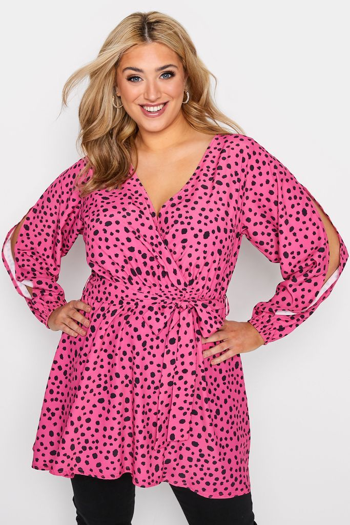 Curve Bright Pink Dalmatian Print Split Sleeve Wrap Top, Women's Curve & Plus Size, Yours London