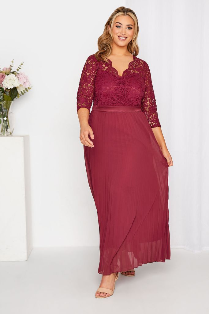 Curve Burgundy Red Lace Pleated Maxi Dress, Women's Curve & Plus Size, Yours London