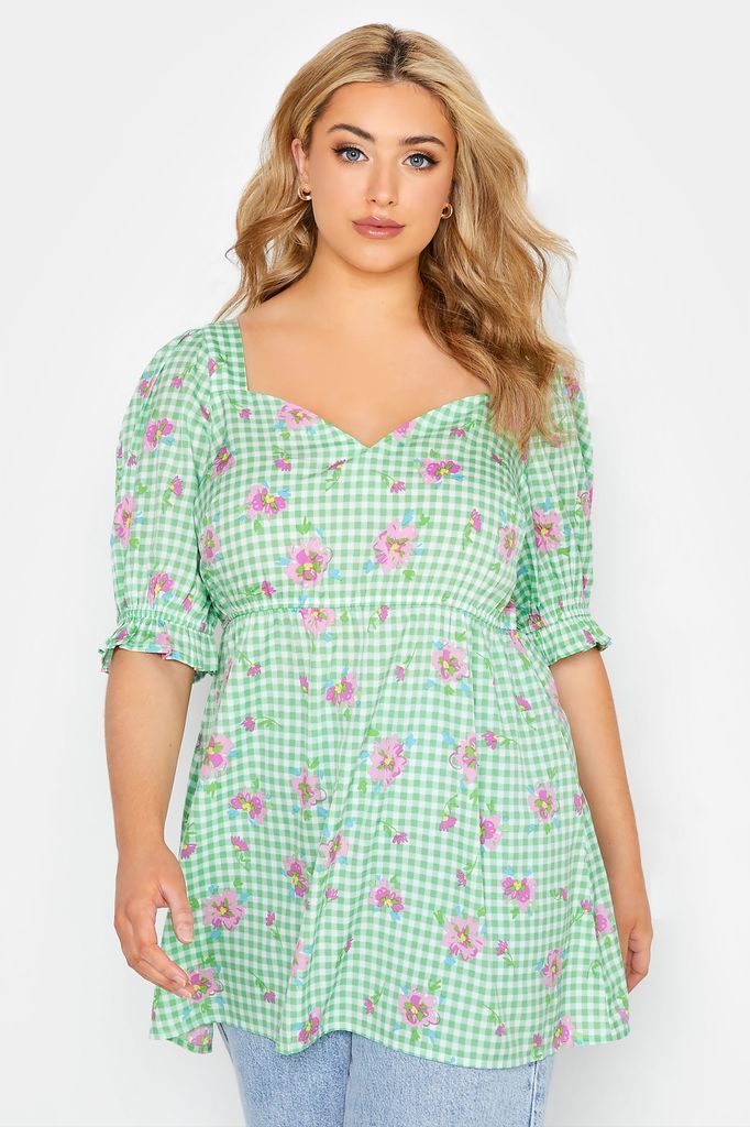 Curve Green Gingham Floral Puff Sleeve Peplum Top, Women's Curve & Plus Size, Limited Collection