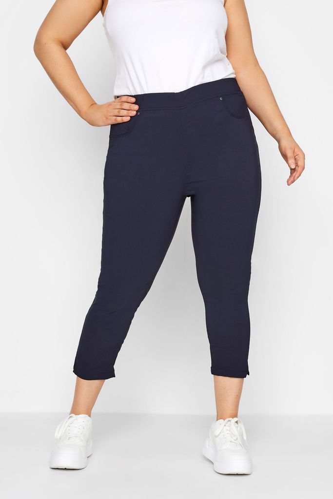 Curve Navy Blue Bengaline Stretch Cropped Pull On Trousers, Women's Curve & Plus Size, Yours