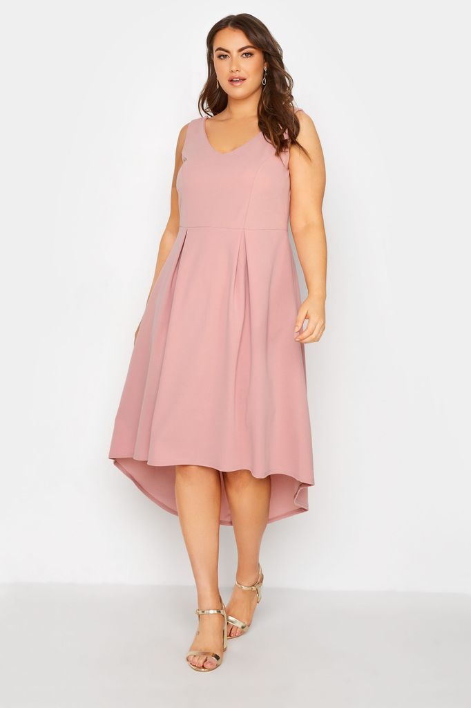 Curve Pink High Low Pleated Midi Dress, Women's Curve & Plus Size, Yours London