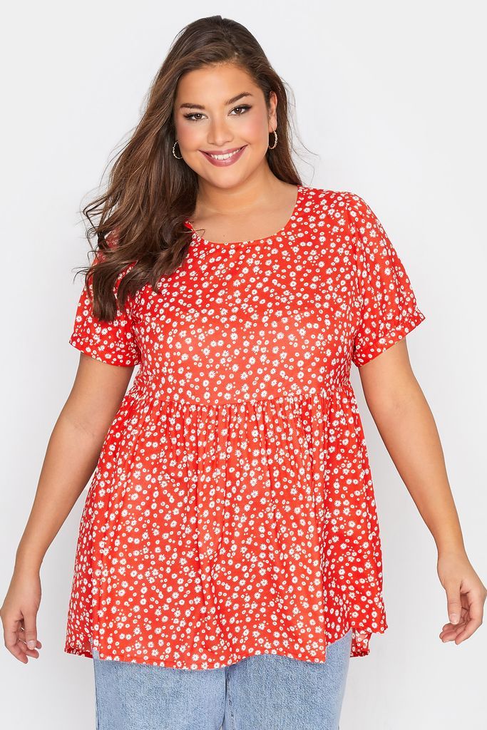 Curve Red Daisy Print Dipped Hem Peplum Top, Women's Curve & Plus Size, Yours