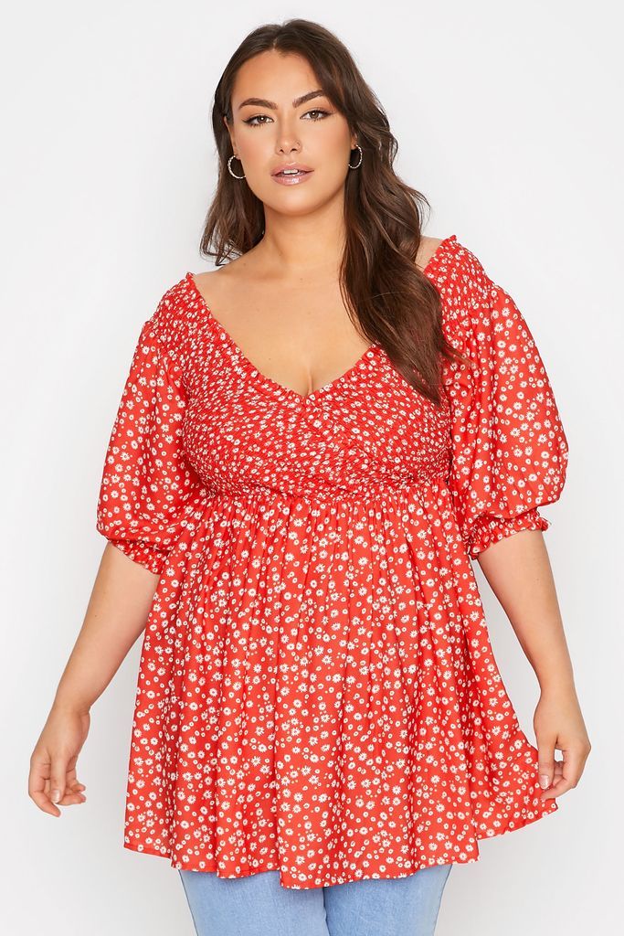 Curve Red Daisy Shirred Bardot Peplum Blouse, Women's Curve & Plus Size, Limited Collection