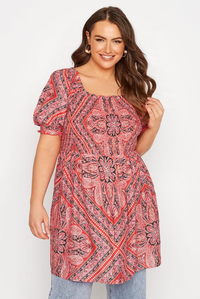 Curve Pink Paisley Print Square Neck Shirred Top, Women's Curve & Plus Size, Yours
