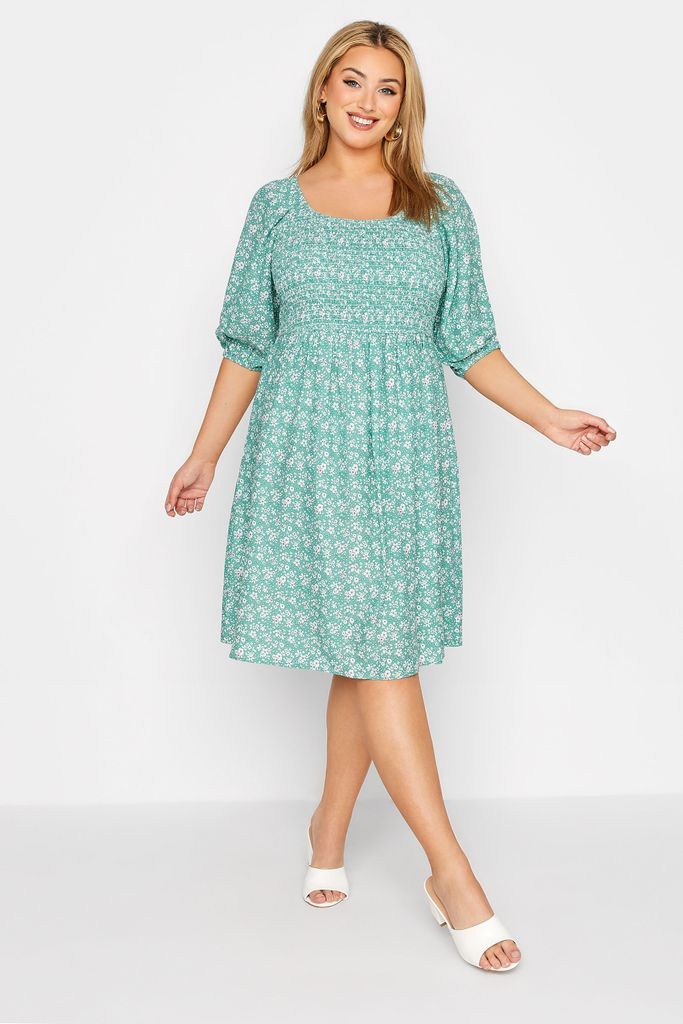 Curve Sage Green Ditsy Shirred Balloon Sleeve Midi Dress, Women's Curve & Plus Size, Yours