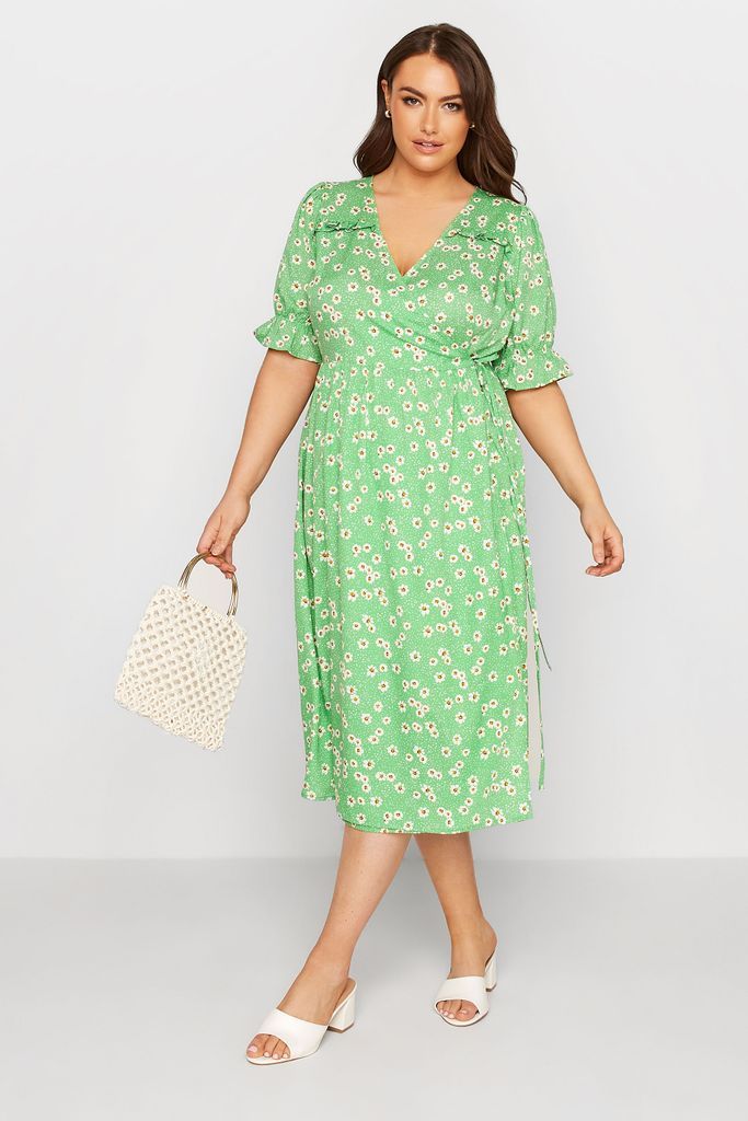 Curve Green Daisy Print Frill Sleeve Wrap Dress, Women's Curve & Plus Size, Yours