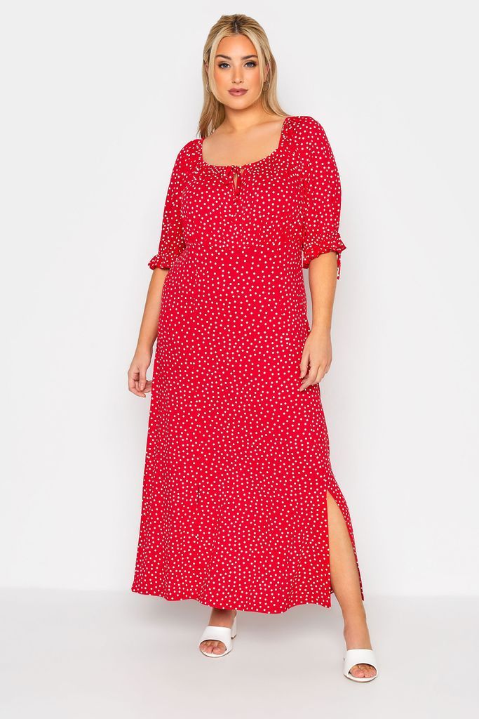 Curve Red Spot Print Milkmaid Side Split Maxi Dress, Women's Curve & Plus Size, Limited Collection