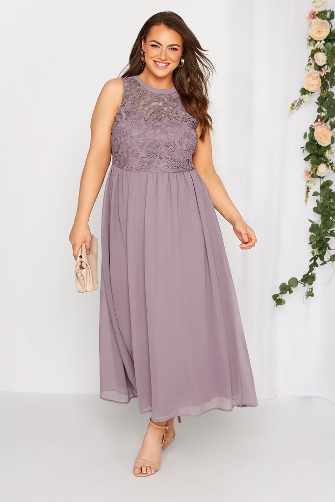 Curve Purple Lace Front Chiffon Maxi Dress, Women's Curve & Plus Size, Yours London