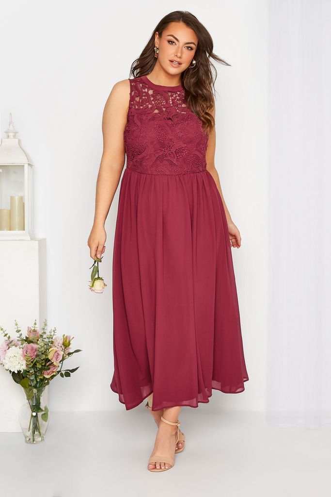 Curve Burgundy Red Lace Front Chiffon Maxi Dress, Women's Curve & Plus Size, Yours London