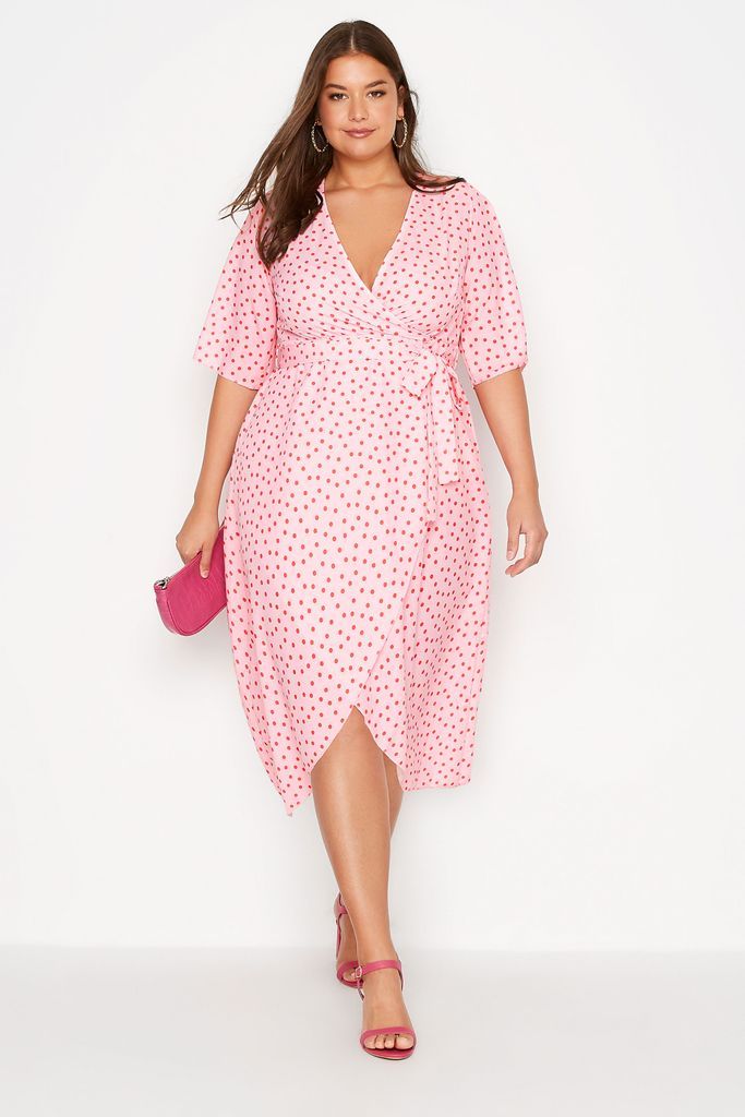 Curve Pink Polka Dot Midi Wrap Dress, Women's Curve & Plus Size, Yours London