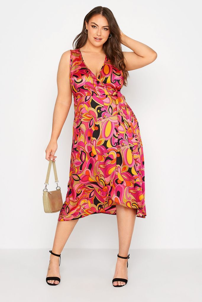Curve Hot Pink Abstract Print Satin Wrap Dress, Women's Curve & Plus Size, Yours London