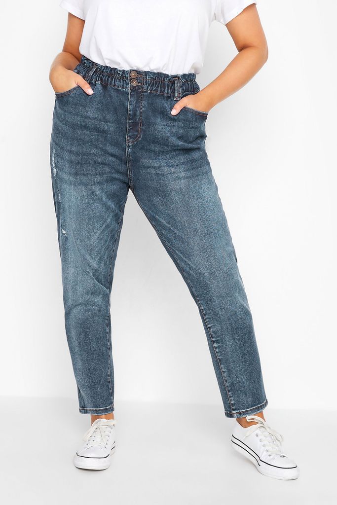 Curve Indigo Blue Washed Elasticated Stretch Mom Jeans, Women's Curve & Plus Size, Yours