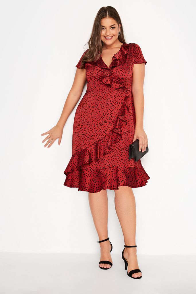 Curve Dark Red Dalmatian Satin Wrap Dress, Women's Curve & Plus Size, Yours London