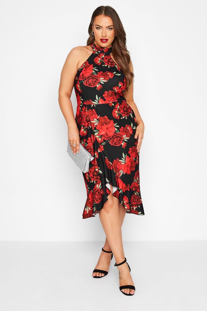 Curve Red & Black Floral Ruffle Bodycon Wrap Dress, Women's Curve & Plus Size, Yours London