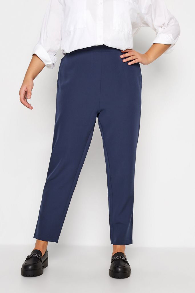 Curve Navy Blue High Waisted Tapered Trousers, Women's Curve & Plus Size, Yours