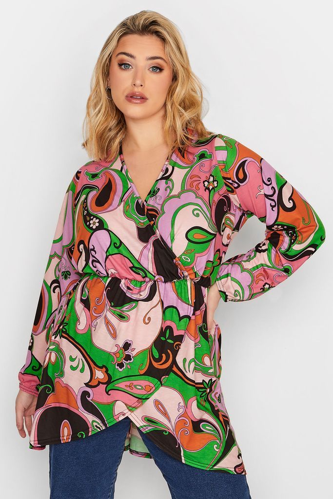 Curve Pink Abstract Print Wrap Top, Women's Curve & Plus Size, Limited Collection