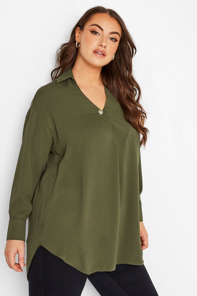 Curve Khaki Green Button Blouse, Women's Curve & Plus Size, Yours London