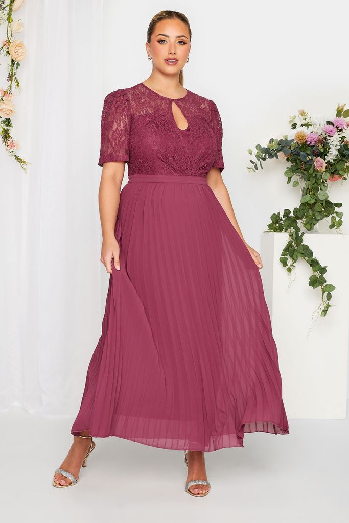 Curve Burgundy Red Lace Puff Sleeve Pleated Maxi Dress, Women's Curve & Plus Size, Yours London