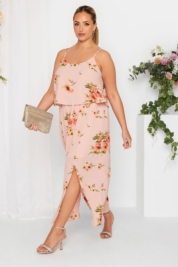 Curve Light Pink Floral Overlay Maxi Dress, Women's Curve & Plus Size, Yours London