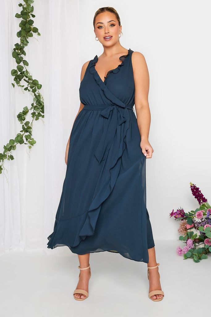 Curve Navy Blue Ruffle Wrap Dress, Women's Curve & Plus Size, Yours London