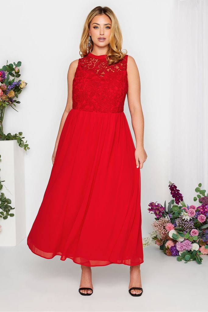 Curve Red Lace Front Chiffon Maxi Dress, Women's Curve & Plus Size, Yours London