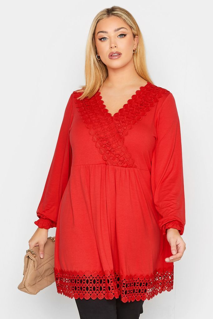 Curve Red Crochet Long Sleeve Tunic Top, Women's Curve & Plus Size, Yours