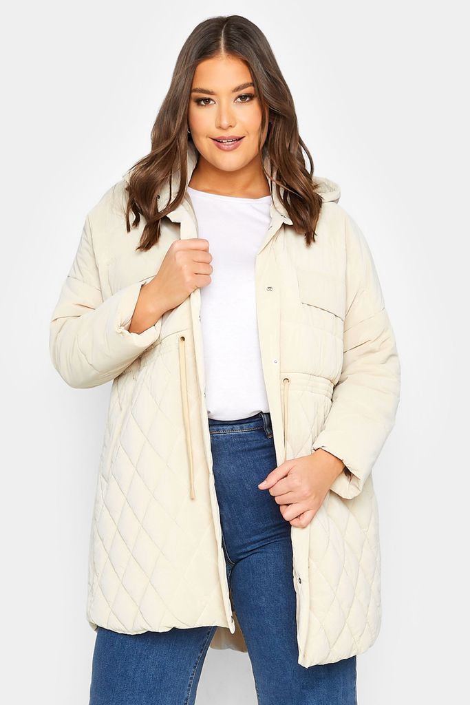 Curve Cream Shirred Waist Padded Coat, Women's Curve & Plus Size, Yours