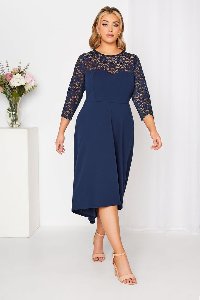 Curve Navy Blue Lace Sweetheart Midi Dress, Women's Curve & Plus Size, Yours London