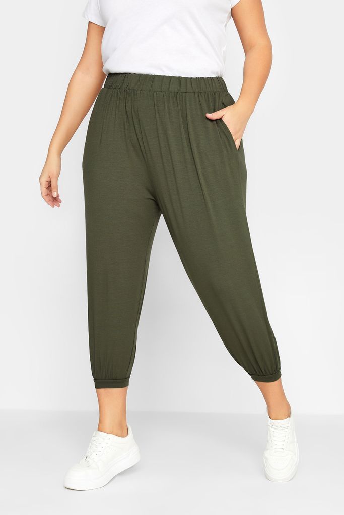 Curve Khaki Green Jersey Cropped Harem Trousers, Women's Curve & Plus Size, Yours