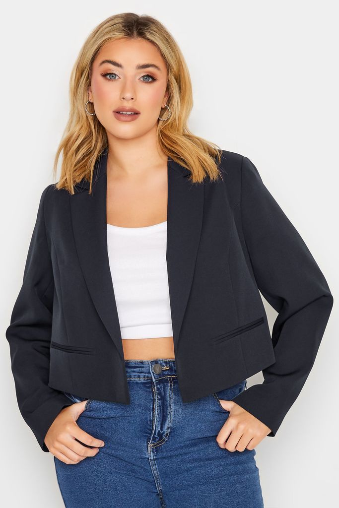 Curve Navy Blue Cropped Blazer, Women's Curve & Plus Size, Yours