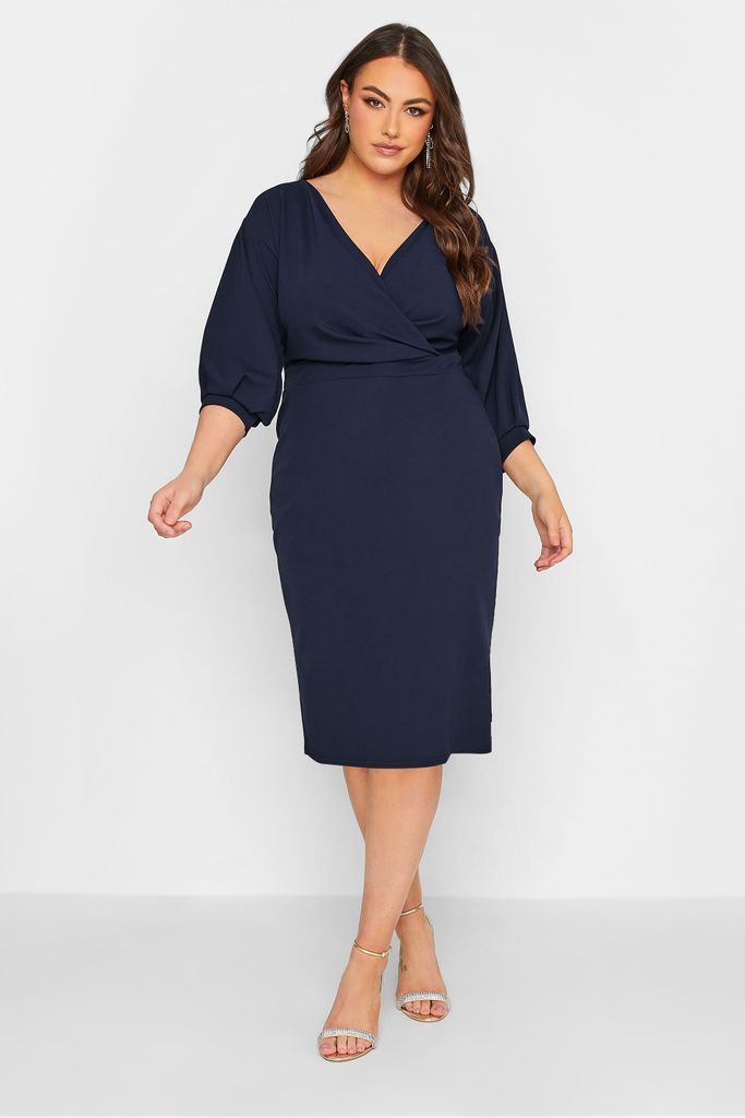 Curve Navy Blue Drop Shoulder Wrap Dress, Women's Curve & Plus Size, Yours London