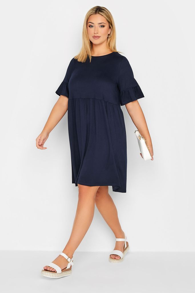 Curve Navy Blue Frill Sleeve Smock Dress, Women's Curve & Plus Size, Yours
