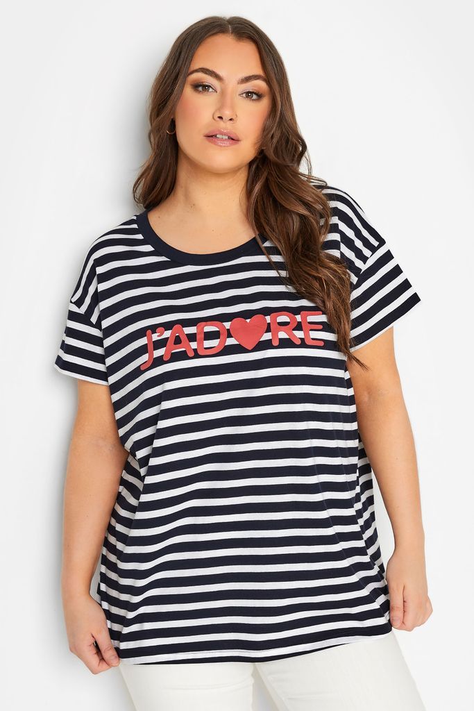 Curve Navy Blue Stripe 'J'adore' Tshirt, Women's Curve & Plus Size, Yours