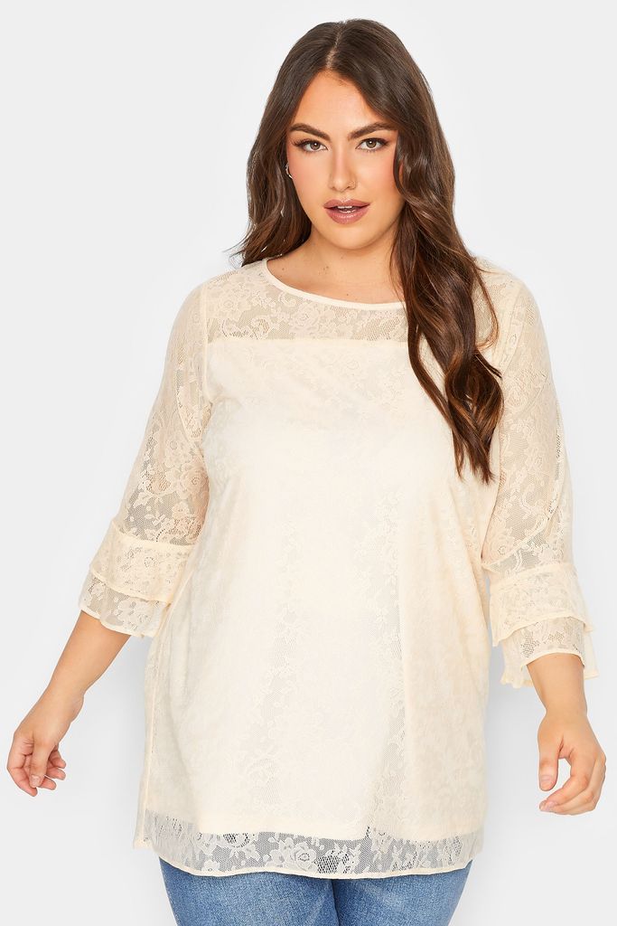 Curve Cream Lace Bell Sleeve Blouse, Women's Curve & Plus Size, Yours