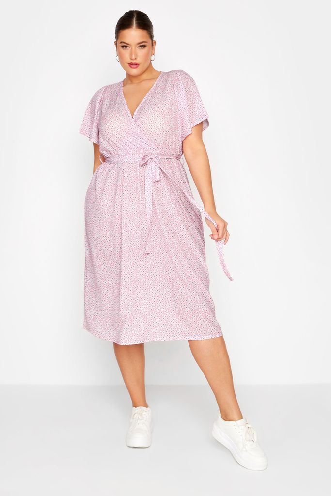 Curve Pink Ditsy Floral Print Wrap Dress, Women's Curve & Plus Size, Limited Collection