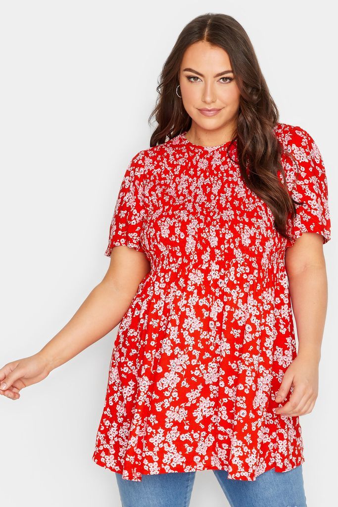 Curve Red Ditsy Floral Shirred Top, Women's Curve & Plus Size, Yours