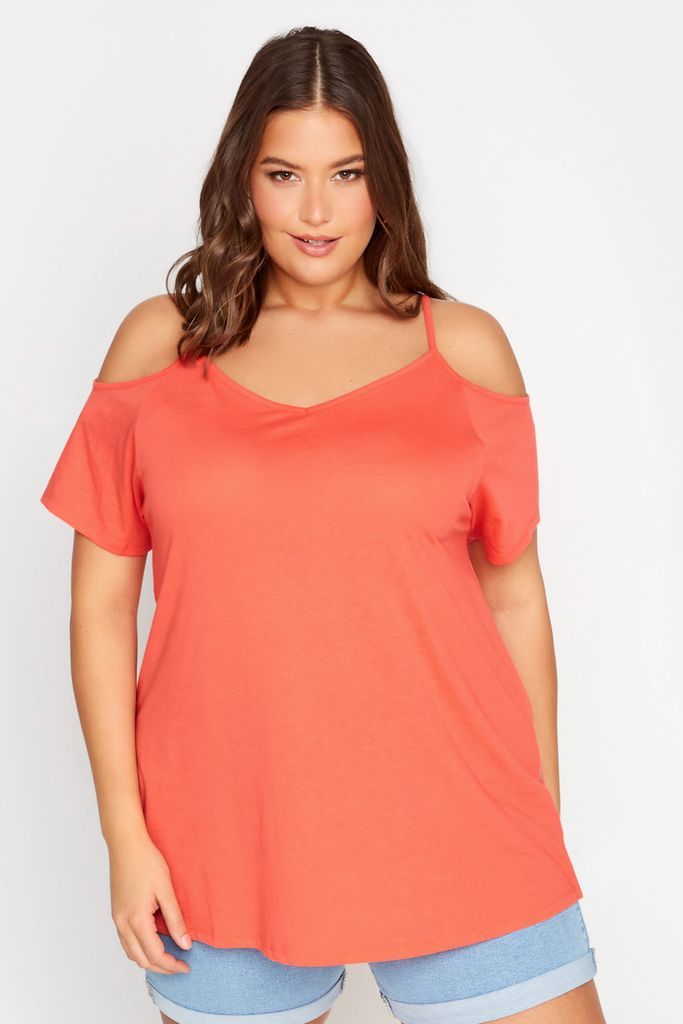 Curve Coral Orange Cold Shoulder Tshirt, Women's Curve & Plus Size, Yours