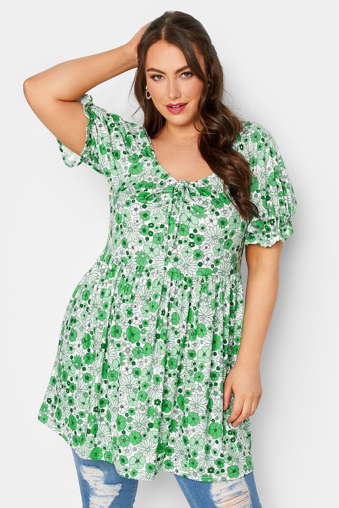 Curve Green Floral Print Puff Sleeve Top, Women's Curve & Plus Size, Limited Collection