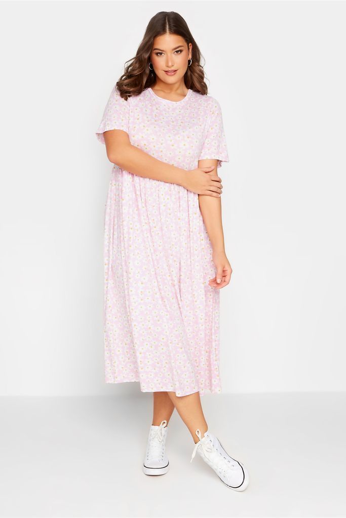 Curve Light Pink Daisy Print Smock Dress, Women's Curve & Plus Size, Yours