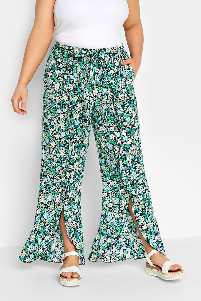 Curve Green Floral Print Frill Wide Leg Trousers, Women's Curve & Plus Size, Yours