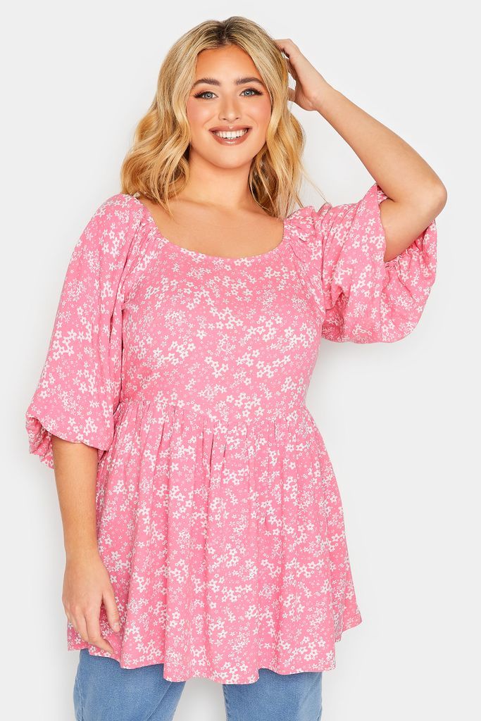 Curve Pink Ditsy Print Balloon Sleeve Top, Women's Curve & Plus Size, Yours