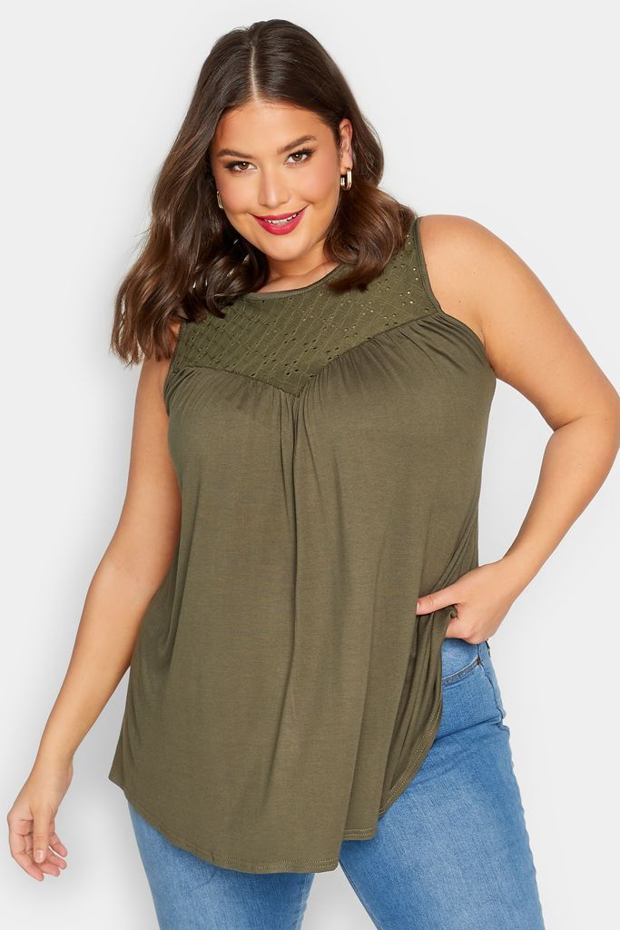 Curve Khaki Green Broderie Anglaise Insert Vest Top, Women's Curve & Plus Size, Limited Collection