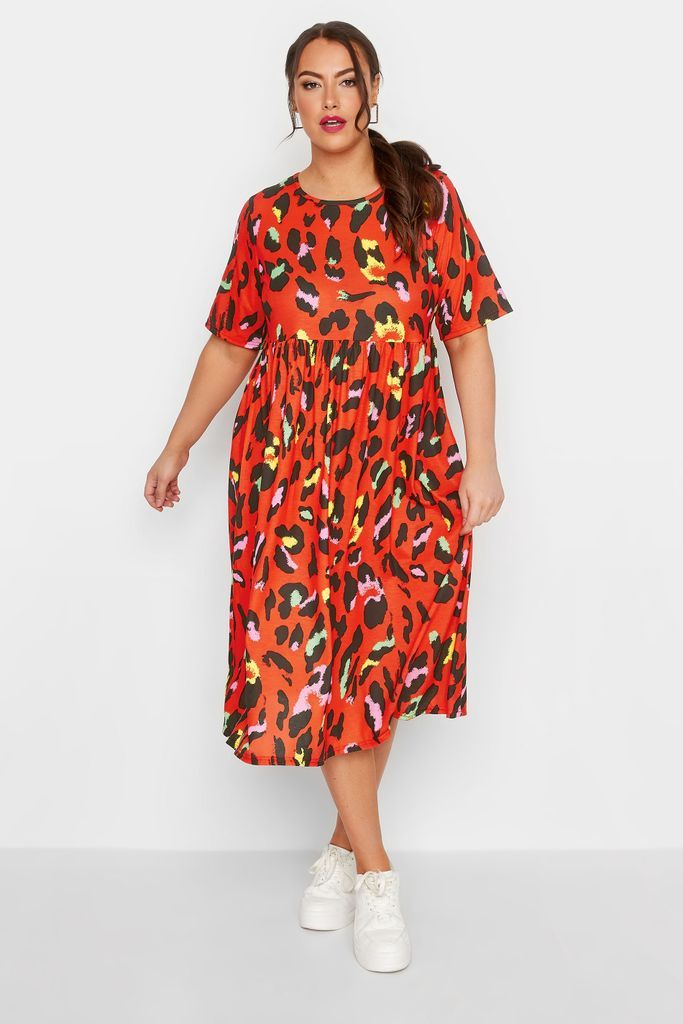 Curve Red Leopard Print Smock Midaxi Dress, Women's Curve & Plus Size, Limited Collection