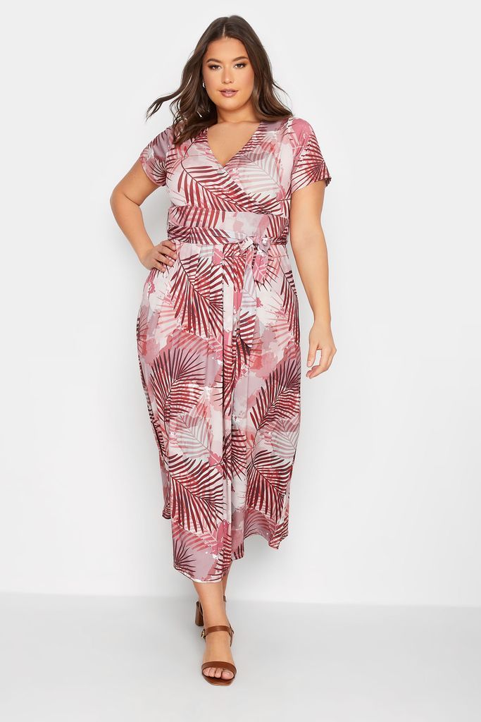 Curve Pink Leaf Print Wrap Maxi Dress, Women's Curve & Plus Size, Yours