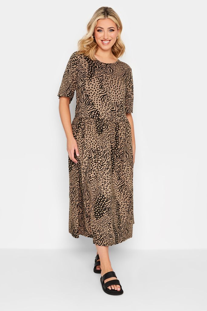 Curve Brown Mixed Animal Print Midi Smock Dress, Women's Curve & Plus Size, Yours