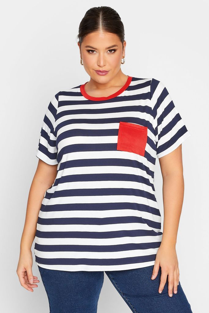 Curve Navy Blue Stripe Contrast Collar Stripe Tshirt, Women's Curve & Plus Size, Limited Collection