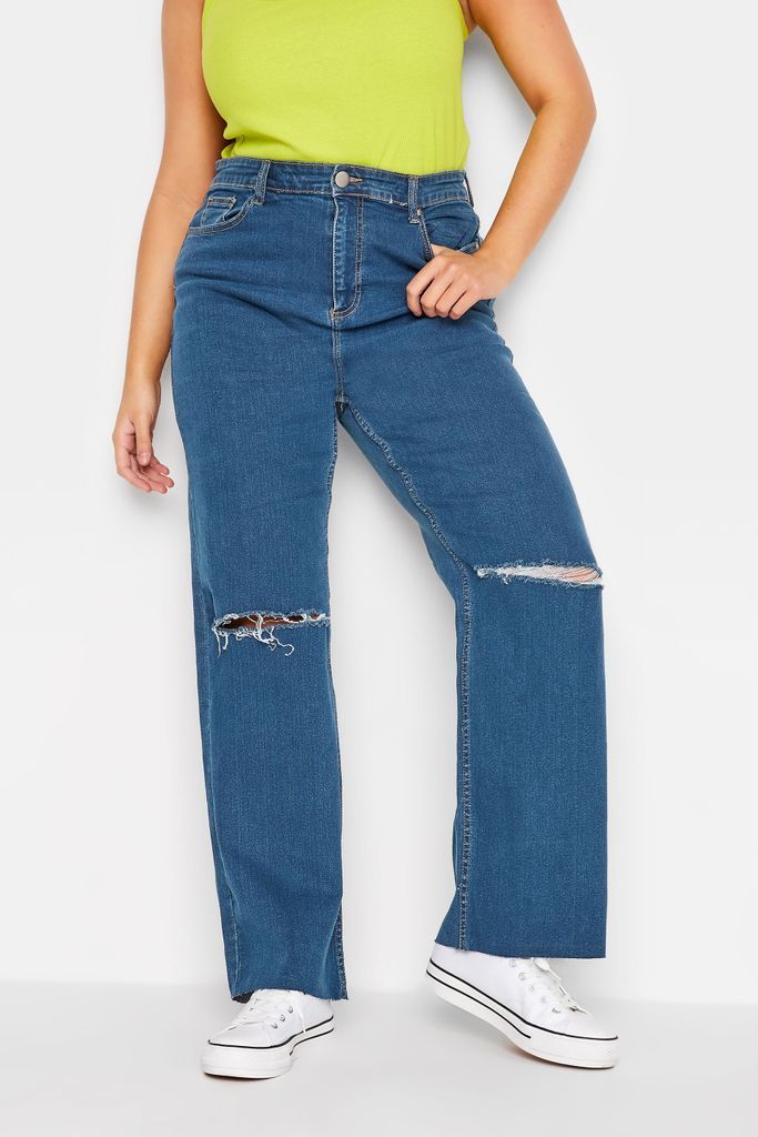 Curve Mid Blue Ripped Stretch Wide Leg Jeans, Women's Curve & Plus Size, Yours