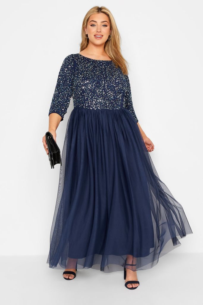 Luxe Curve Navy Blue Sequin Hand Embellished Maxi Dress, Women's Curve & Plus Size, Luxe: Ultimate Embellishment
